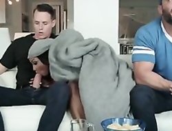 Big breasted mature fucks her stepson on the couch